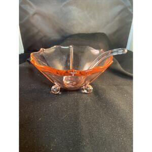 Vintage Pink Depression Glass 3 Footed Dip/Nut Bowl 5.5” With Round Mayo Spoon